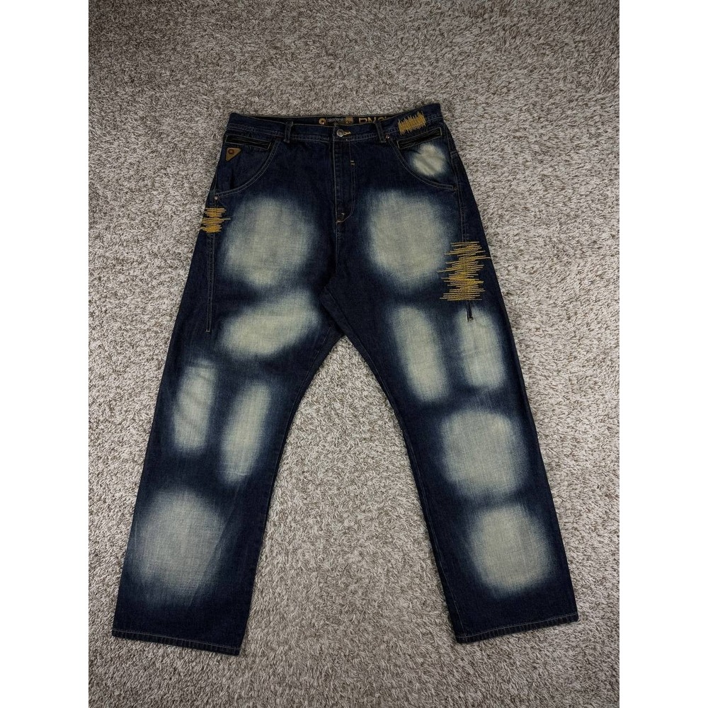 Akademiks Y2K Baggy Jeans Size 38 Bleach Spot Wash Yellow Embroidery Wide Leg
